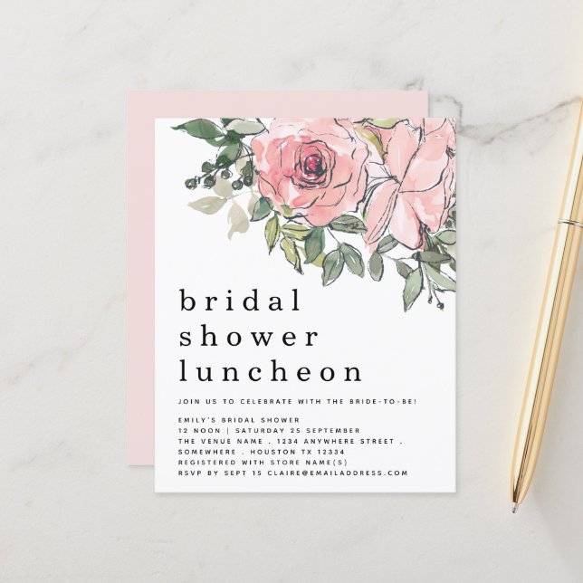 Budget Blush Florals Brautparty Luncheon Einladung (Vorderseite/Rückseite Beispiel)
