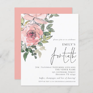 Budget Blush Florals Fortieth Birthday Einladung