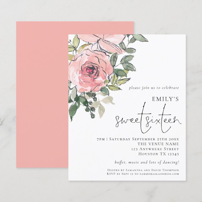 Budget Blush Florals Sweet 16 Einladung (Vorne/Hinten)