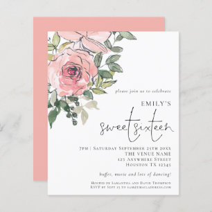 Budget Blush Florals Sweet 16 Einladung
