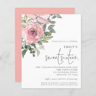 Budget Blush Florals Sweet 16 Einladung