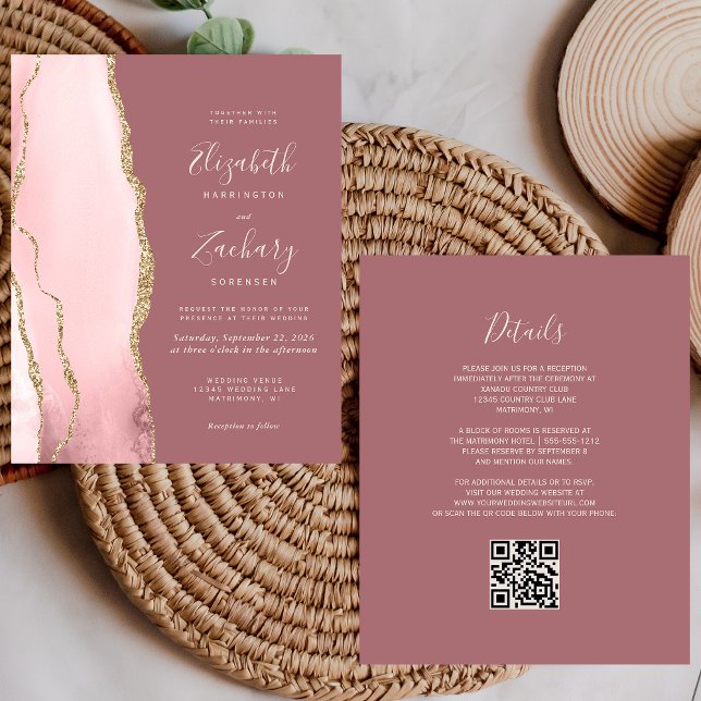 Budget Blush Gold Agate Rose QR Code Hochzeit (Von Creator hochgeladen)
