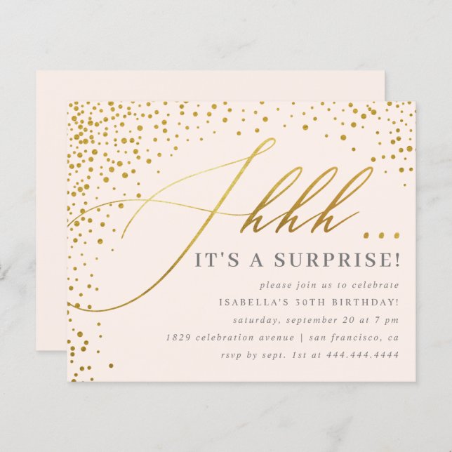 Budget Blush & Gold Confetti Script Überraschung P (Vorne/Hinten)