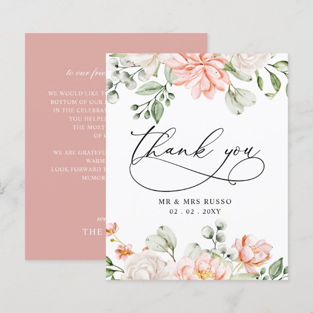 Budget Blush Pink Floral Wedding Thank You Card (Vorne/Hinten)