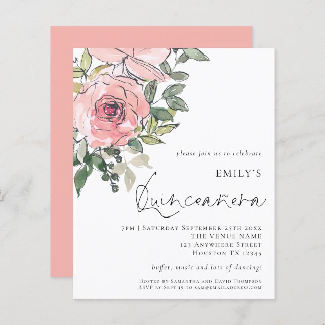 Budget Blush Pink Florals Quinceañera Einladung (Vorne/Hinten)