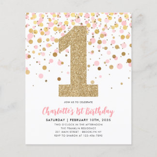Budget Blush Pink Gold Confetti Girl 1. Geburtstag