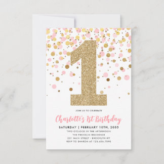 Budget Blush Pink Gold Confetti Girl 1. Geburtstag Mitteilungskarte