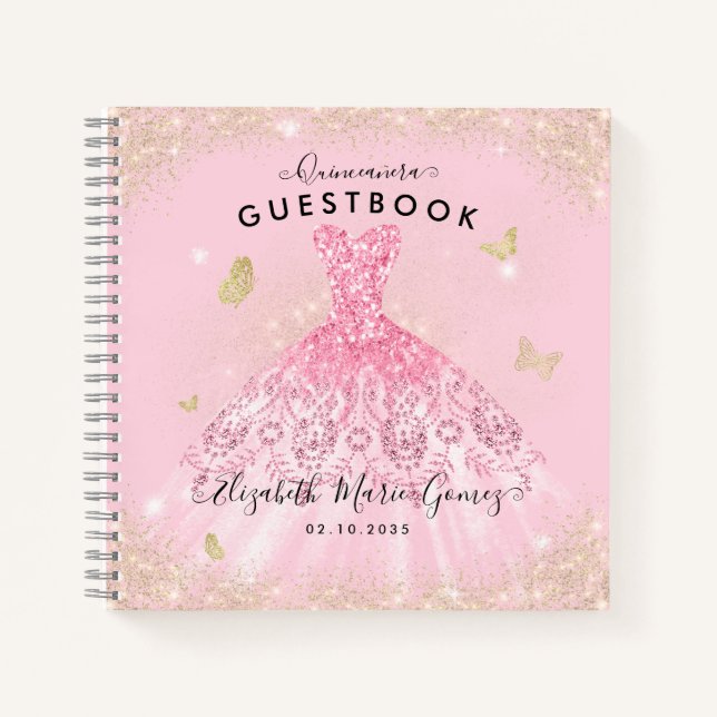 Budget Blush Pink Gold Glam Quinceanera Guestbook Notizbuch (Vorderseite)