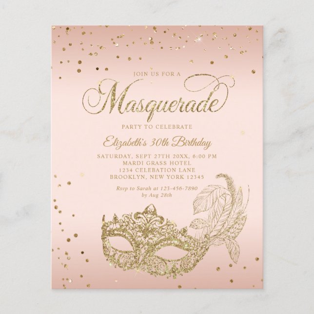 BUDGET Blush Pink Gold Photo Masquerade Birthday (Vorderseite)