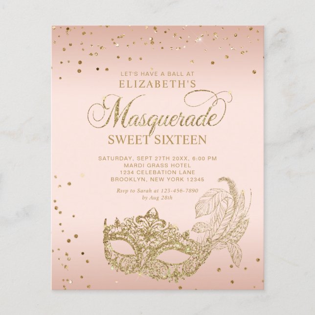 BUDGET Blush Pink Gold Photo Masquerade Sweet 16 (Vorderseite)