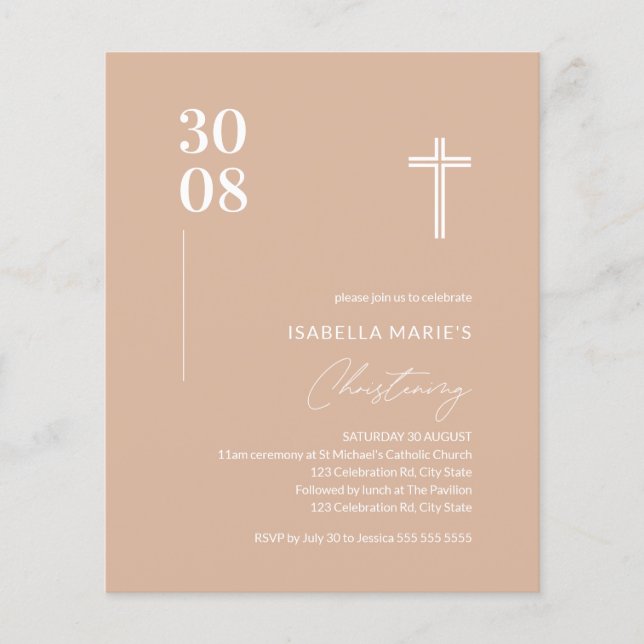 Budget Blush Pink Minimalistisch Christening Einla (Vorderseite)