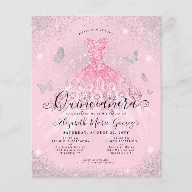 Budget Blush Pink Silver Gown Quinceanera Einladun (Vorderseite)