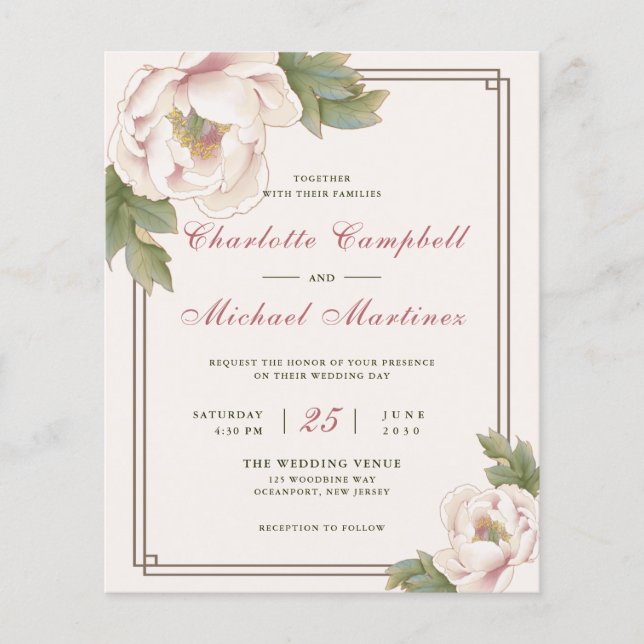Budget Blush Pink Wedding Peony Floral Einladungen Flyer (Vorne)