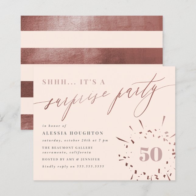Budget Blush & Rose Gold Script Überraschung Party (Vorne/Hinten)