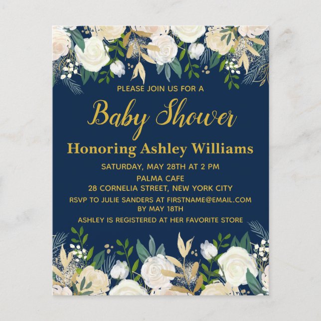 Budget Boho Baby Shower Einladung Navy Gold Green (Vorderseite)