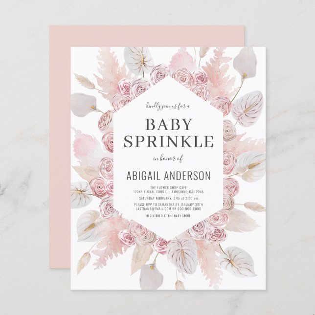 Budget Boho Baby Sprinkle Blush Pink Einladung (Vorne/Hinten)