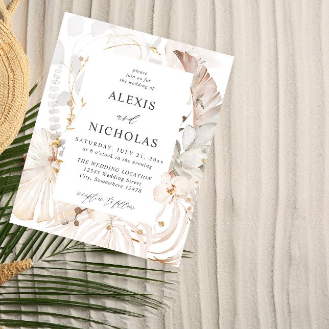 Budget Boho Beach Tropical Beige Floral Wedding Flyer (Von Creator hochgeladen)
