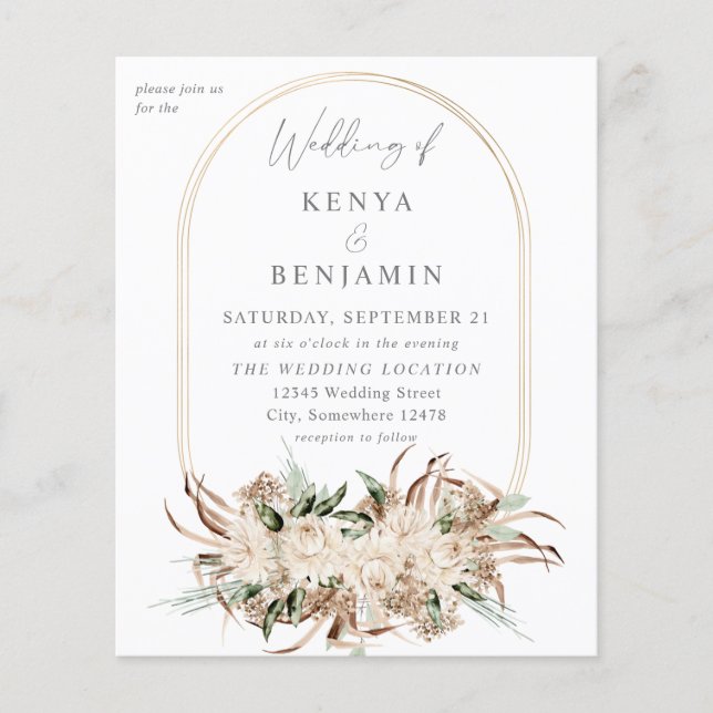 Budget Boho Beige Floral Wedding 3 Flyer (Vorne)
