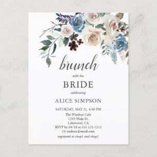 Budget Boho Blue Beige Blume Brunch Brautparty Einladungspostkarte