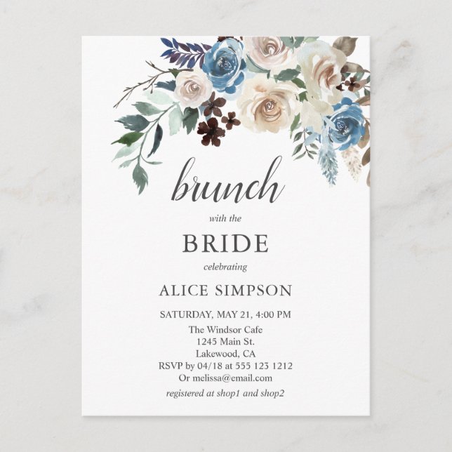 Budget Boho Blue Beige Blume Brunch Brautparty Einladungspostkarte (Vorderseite)