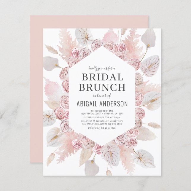 Budget Boho Blush Pink Bridal Brunch Einladung (Vorne/Hinten)