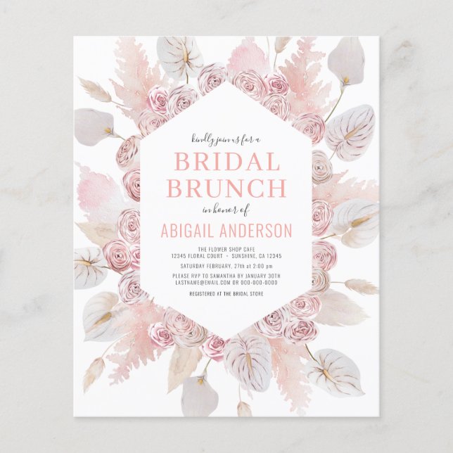 Budget Boho Blush Pink Bridal Brunch Einladung Flyer (Vorne)
