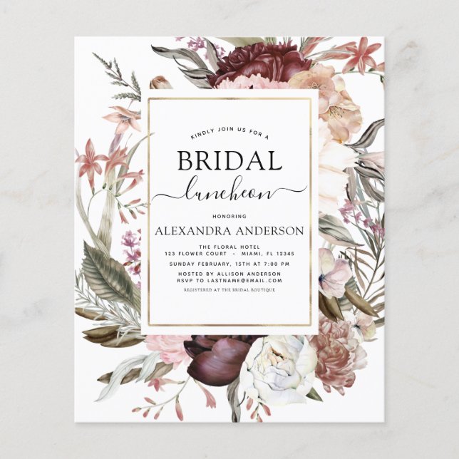 Budget Boho Burgundy Brautparty Luncheon Flyer (Vorne)