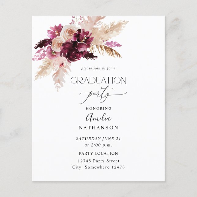 Budget Boho Burgundy & Pink Floral Graduation Part Flyer (Vorne)