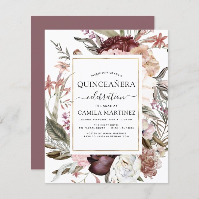 Budget Boho Burgundy Quinceañera Floral (Vorne/Hinten)