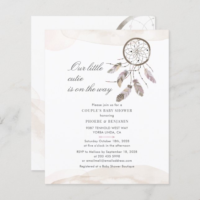 Budget Boho Chic Couples Kinderdusche Einladung (Vorne/Hinten)