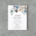 Budget Boho Dusty Blue Beige Blume Sweet 16 Einladungspostkarte<br><div class="desc">Neutrale Blume mit rosa und beige mit getrockneten Blätter.</div>