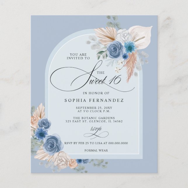 Budget Boho Dusty Blue Pampas Sweet 16 Einladung (Vorderseite)