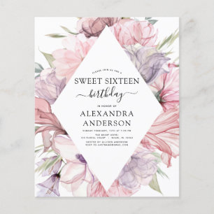 Budget Boho Dusty Lila Sweet 16 Birthday Floral Flyer