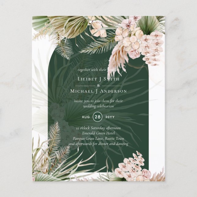 BUDGET BOHO Emerald Green Pampas Grass Wedding Flyer (Vorne)