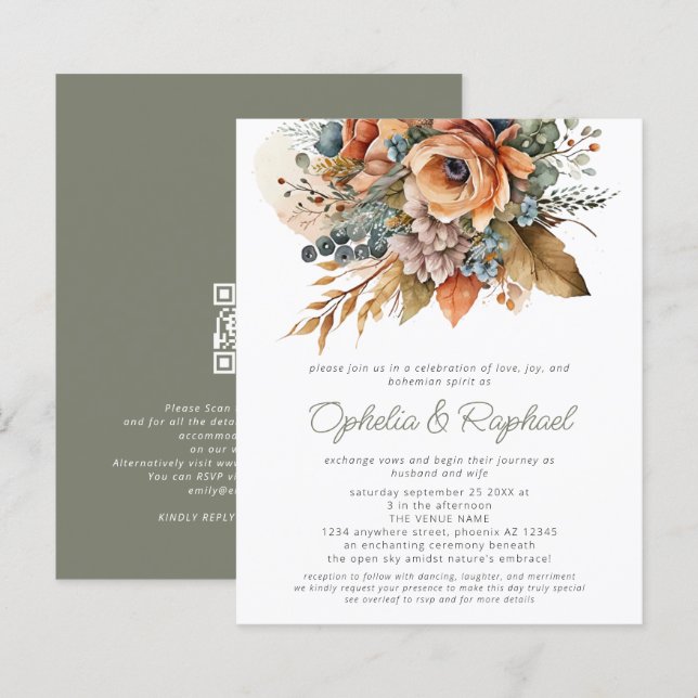 Budget Boho Fall Florals Sage Bohemisch Wedding (Vorne/Hinten)