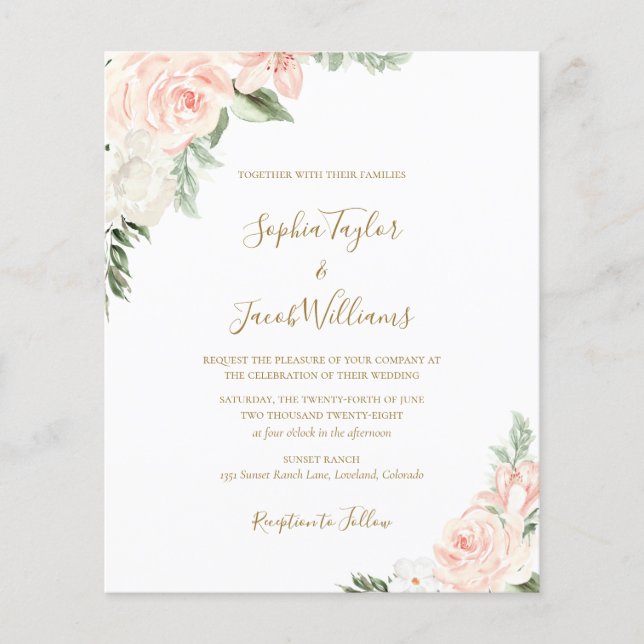 Budget Boho Floral Blush Pink Sage Hochzeit Einlad (Vorderseite)