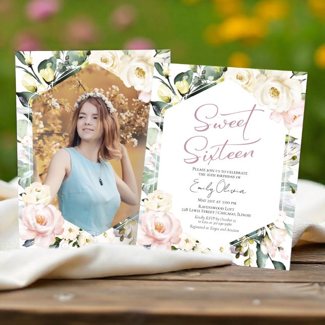 Budget Boho Floral Foto Sweet 16 Einladung (Von Creator hochgeladen)