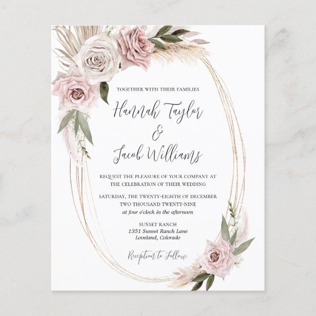Budget Boho Floral Pampas Grass Wedding Einladung (Vorderseite)