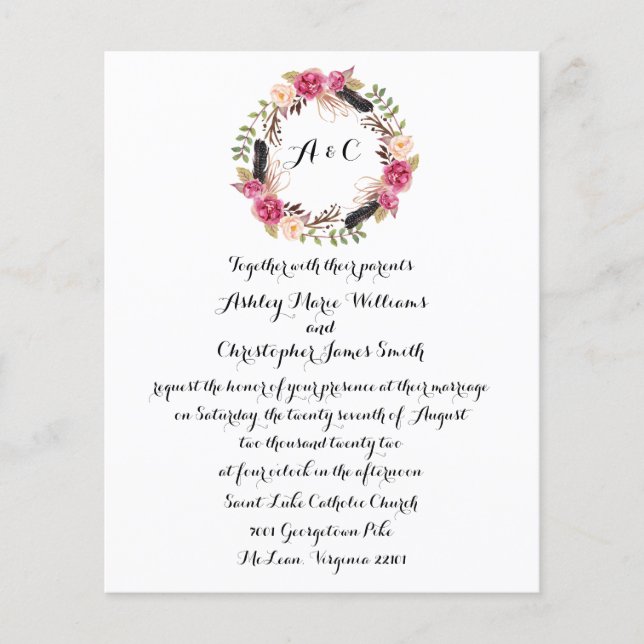 Budget Boho Floral Wedding Invitation Greenery (Vorderseite)