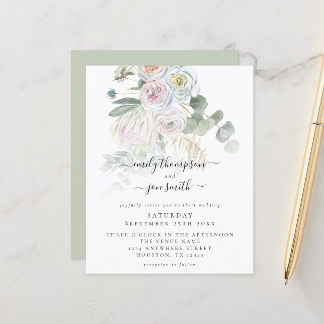 Budget Boho Florals Eucalyptus Wedding Einladung (Vorderseite/Rückseite Beispiel)