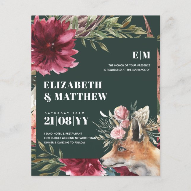 Budget Boho FOX Burgundy Floral All-in-1 Hochzeit Flyer (Vorne)