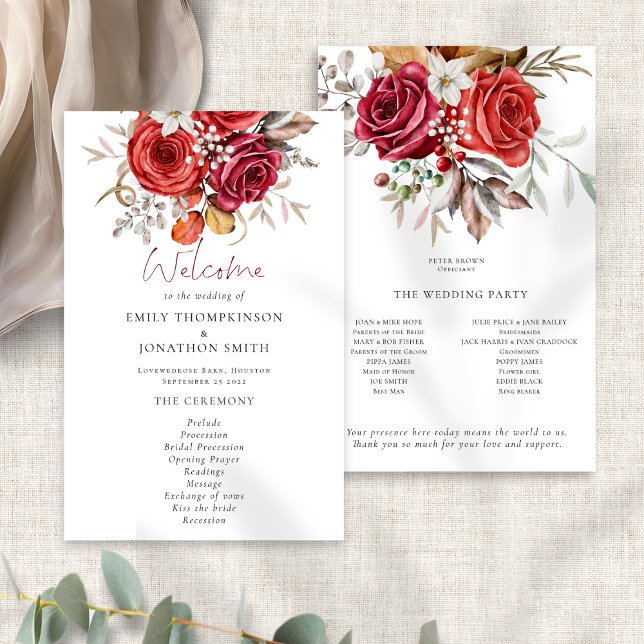 Budget Boho Herbst Florals Hochzeitsprogramm (Front and back view)