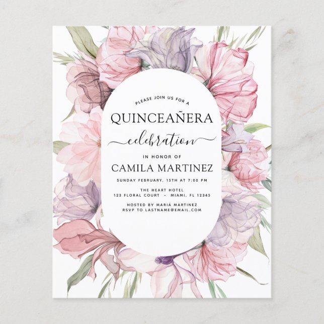 Budget Boho Lila Quinceañera Dusty Pink Floral Flyer (Vorne)