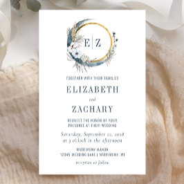 Budget Boho Moon Blue Monogram Wedding Einladung