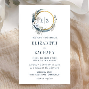 Budget Boho Moon Blue Monogram Wedding Einladung