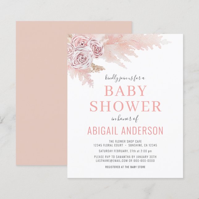 Budget Boho Pampas Grass Baby Dusche Einladung (Vorne/Hinten)