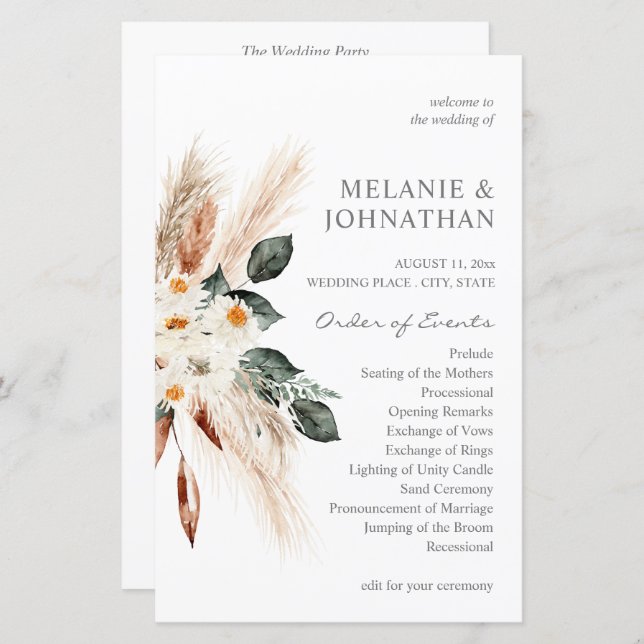 Budget Boho Pampas Grass Beige Wedding Programm ME (Vorne/Hinten)