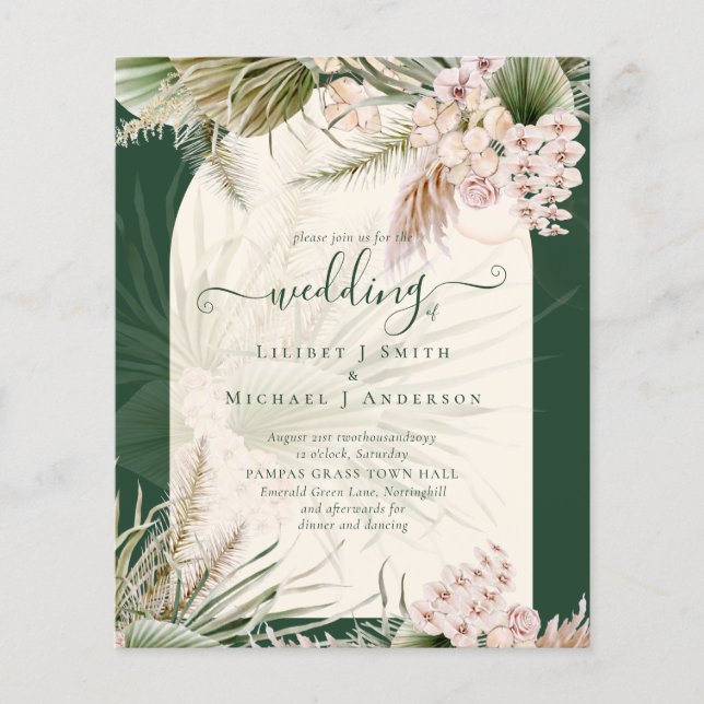 BUDGET BOHO Pampas Grass Green Wedding Einladung Flyer (Vorne)