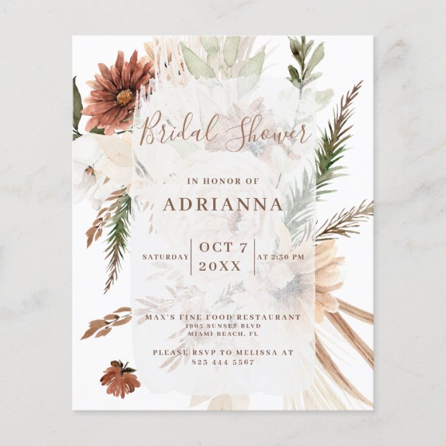 Budget Boho Pampas Wedding Brautparty Einladung (Vorderseite)