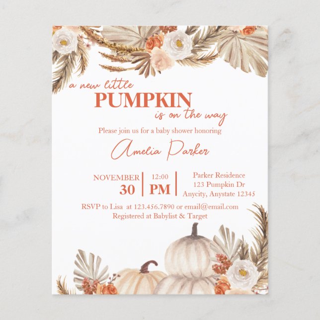 Budget Boho Pumpkin Baby Showeinladung (Vorderseite)